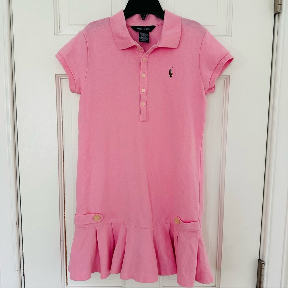 Ralph Lauren Girls Pink Polo Shirt Dress w Pleats Sz M (8-10)